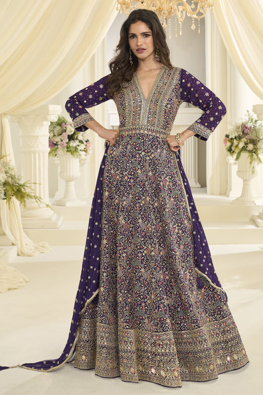 Purple anarkali front view in georgette fabric
