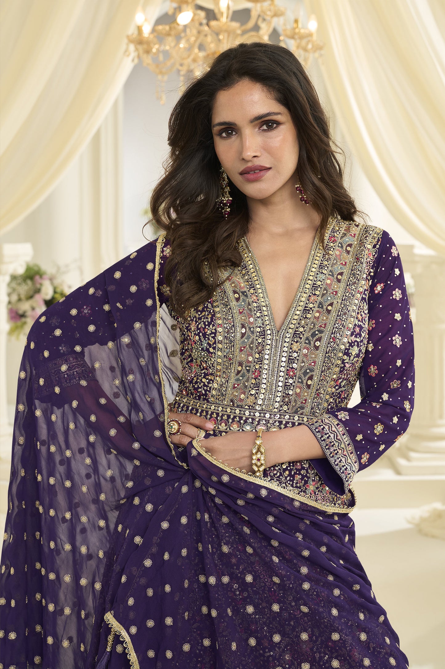 Close up of georgette fabric texture in purple anarkali