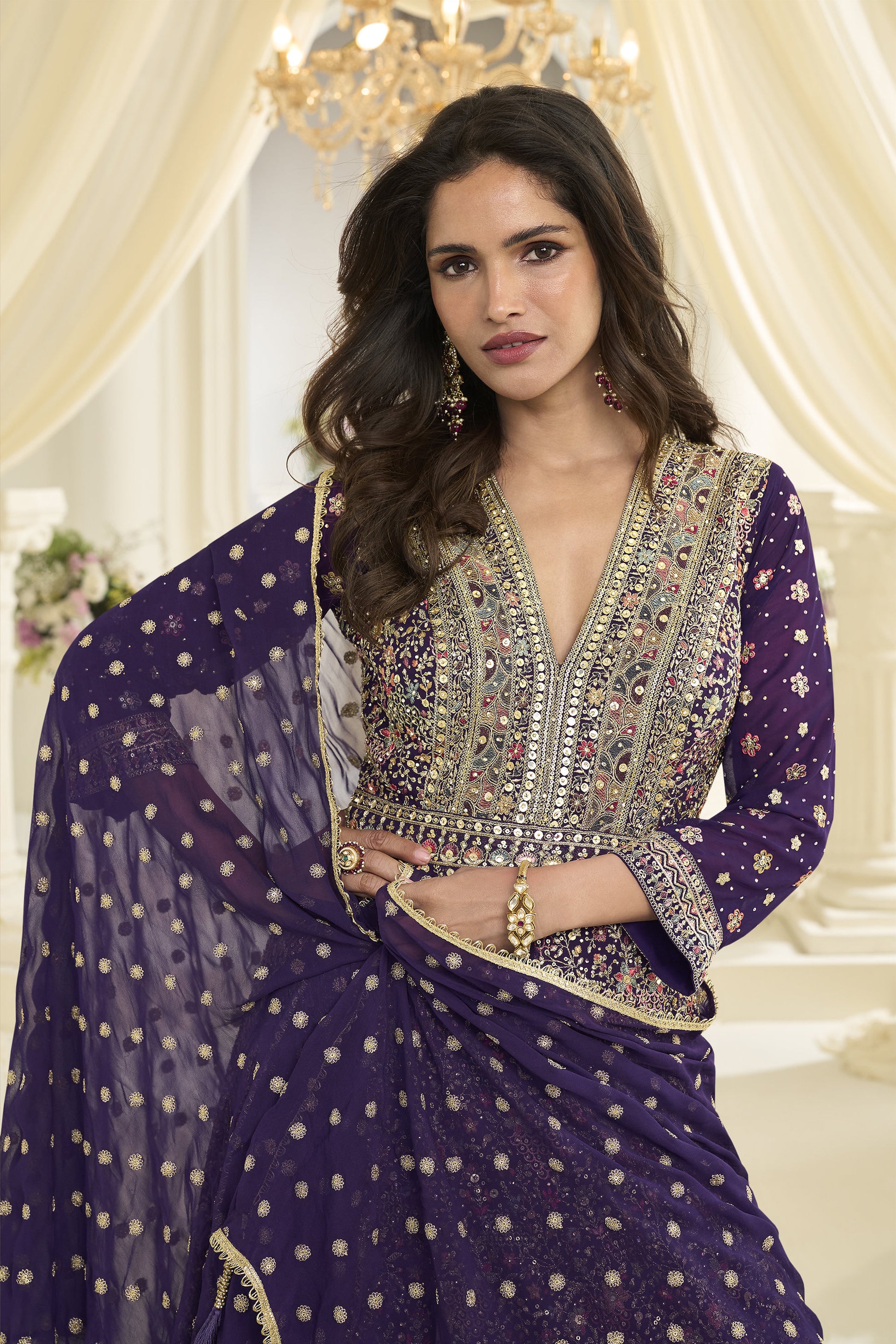 Close up of georgette fabric texture in purple anarkali