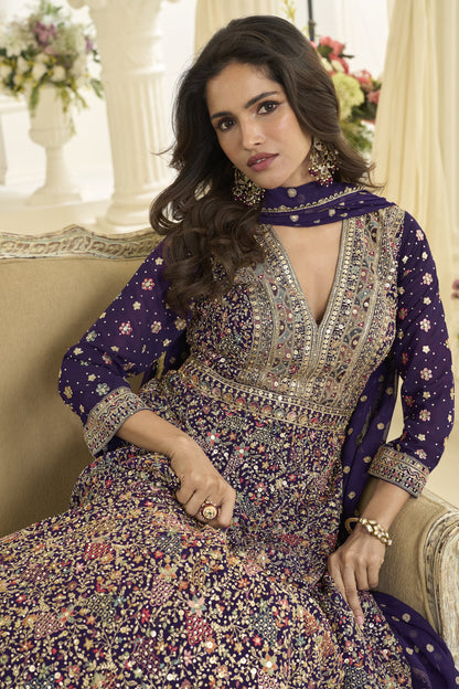 Movement shot of georgette anarkali dress in purple