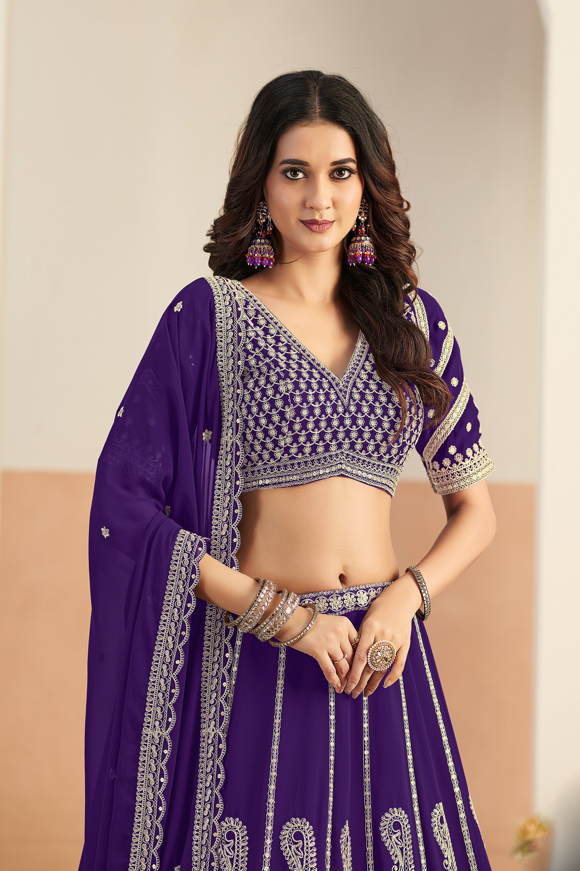 Purple color bridal lehenga full outfit front Embroidery