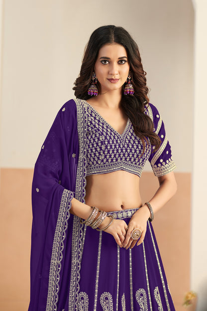 Purple color bridal lehenga full outfit front Embroidery