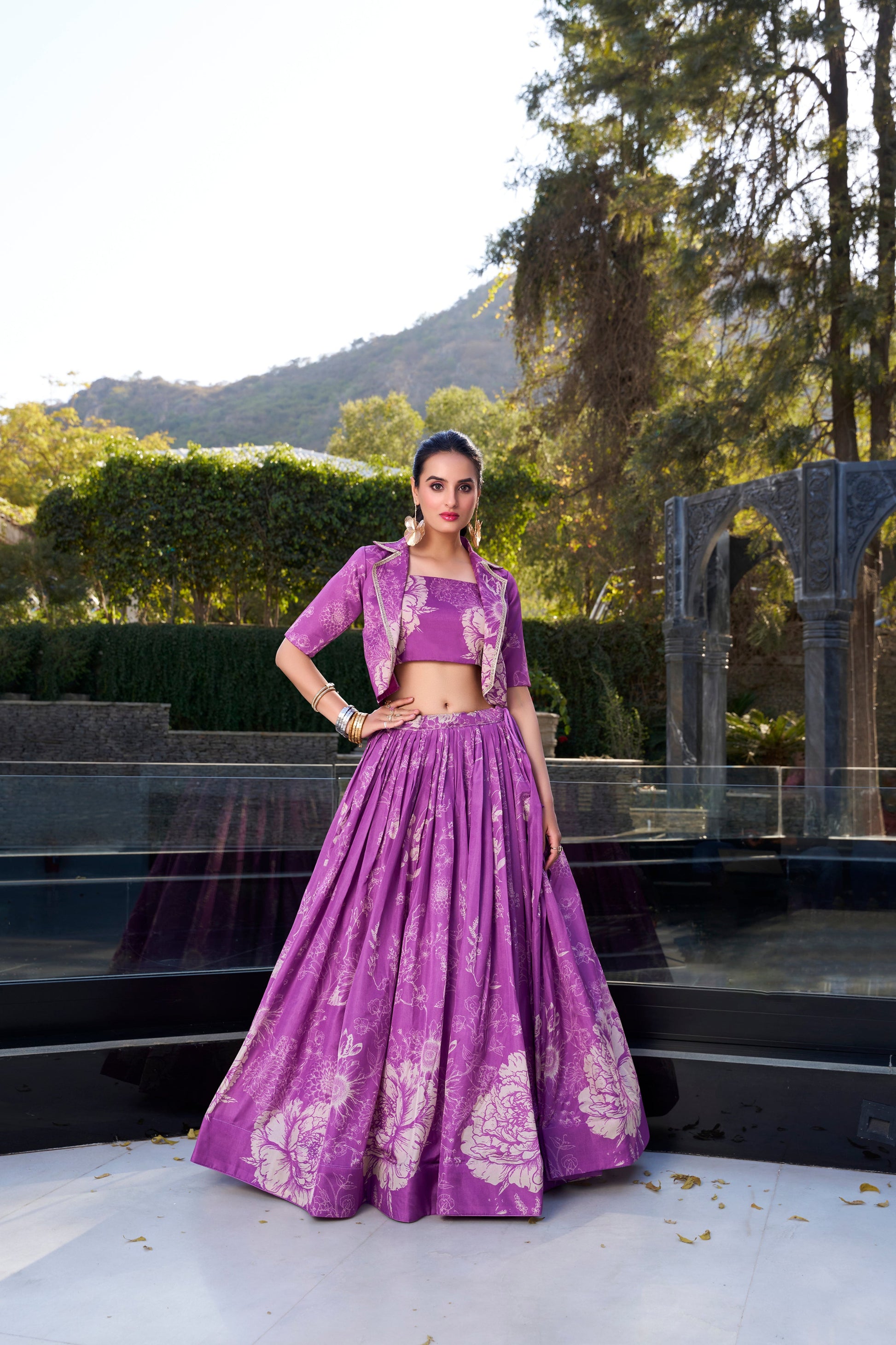 Purple bridal lehenga for wedding reception full front view