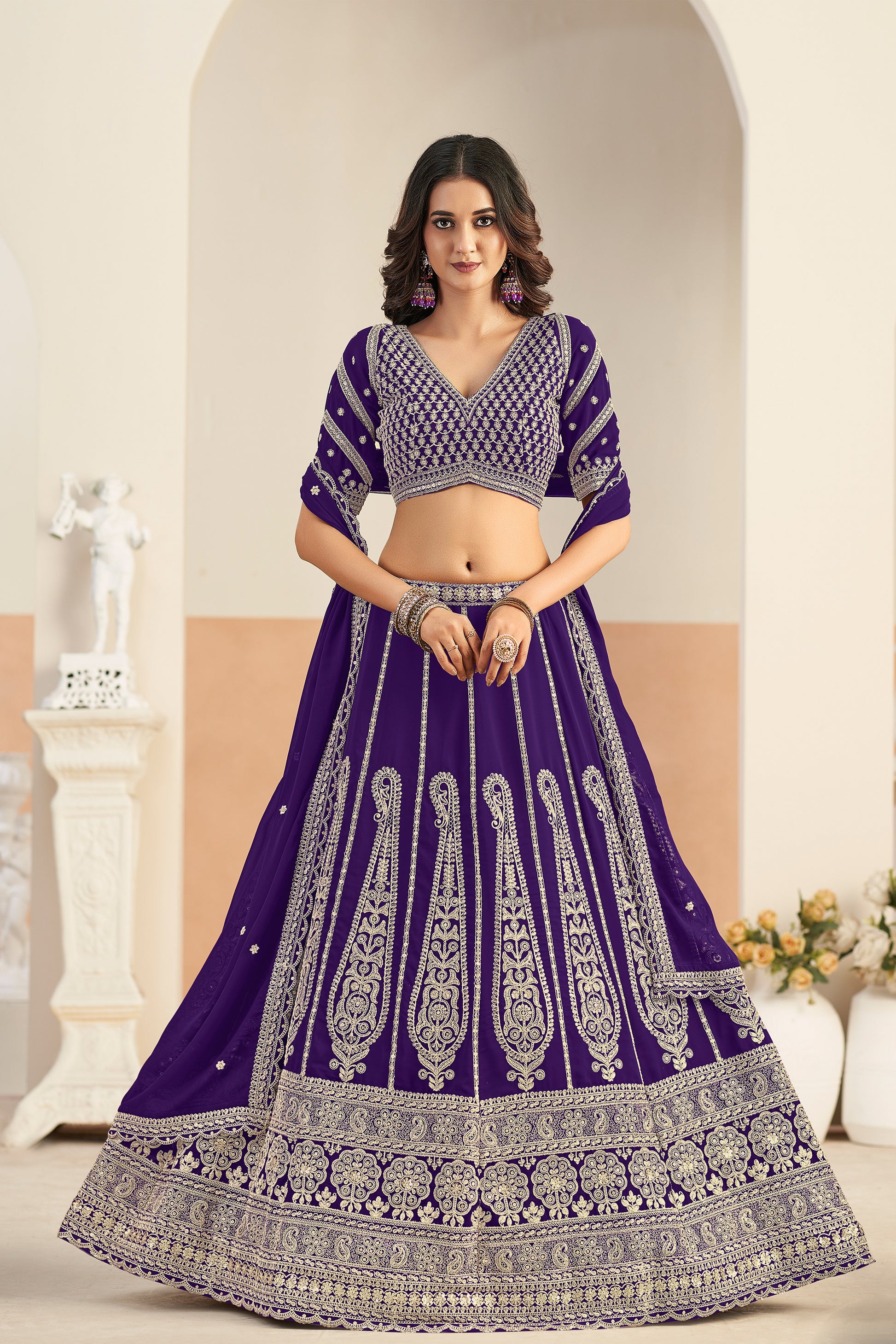 Royal purple bridal lehenga front view with embroidered work