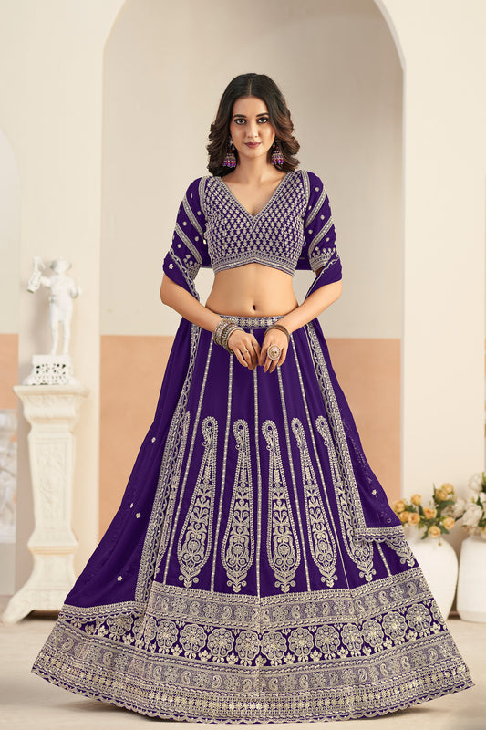 Royal purple bridal lehenga front view with embroidered work