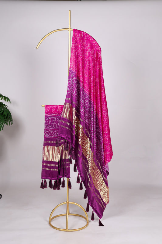 Purple dupatta in pure Gaji silk with digital print