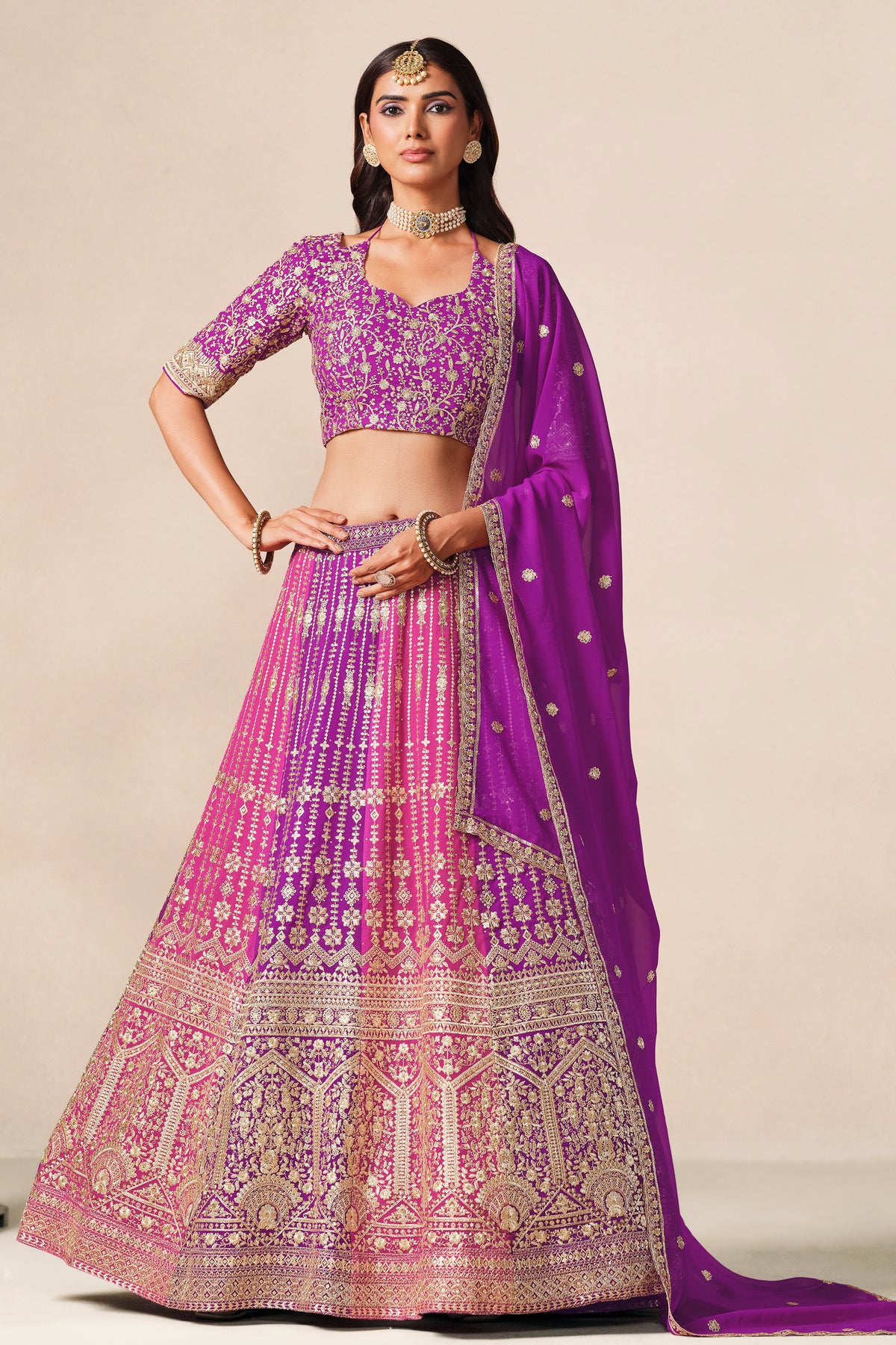 Sequin work detail on the purple lehenga choli