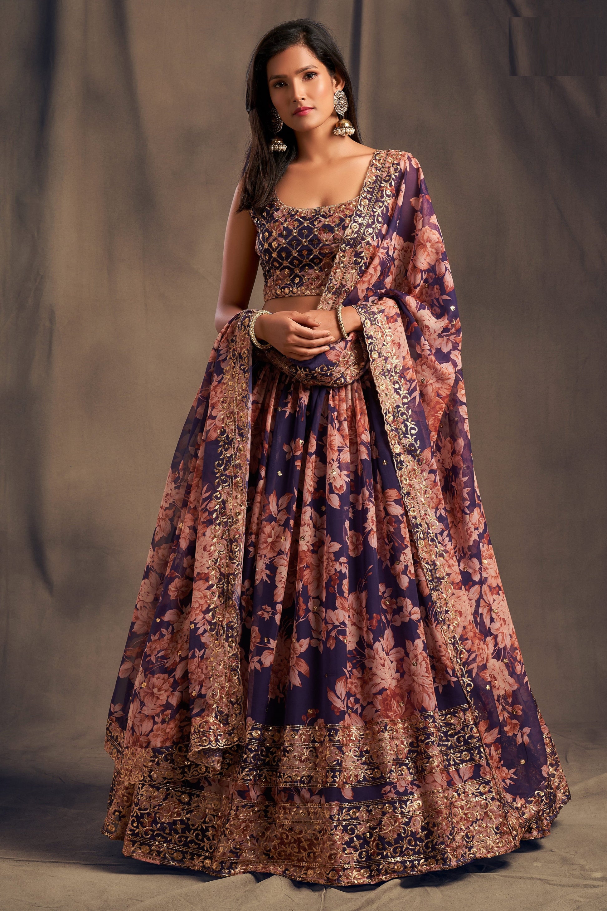 Purple garba lehenga choli full front view with embroidery
