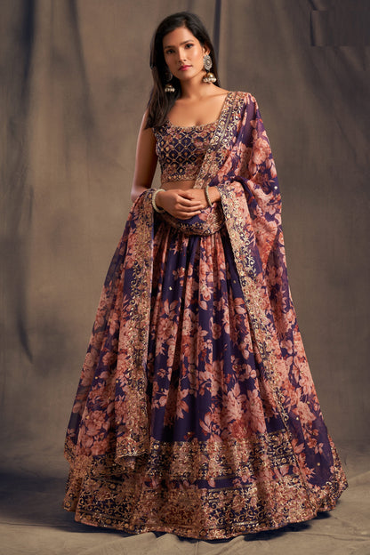 Purple garba lehenga choli full front view with embroidery