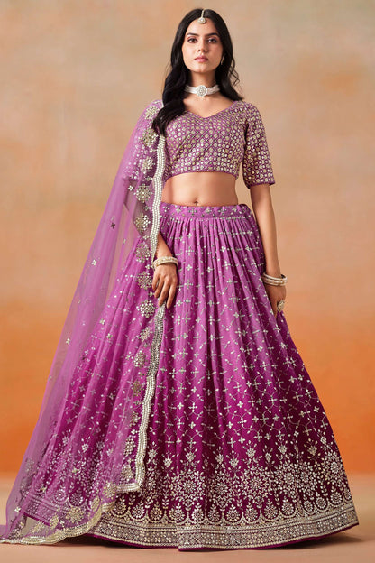 Purple ghagra choli front view with sequins zari embroidery