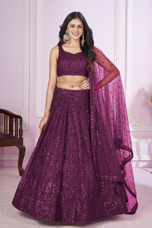purple ghagra choli front view with embroidery work