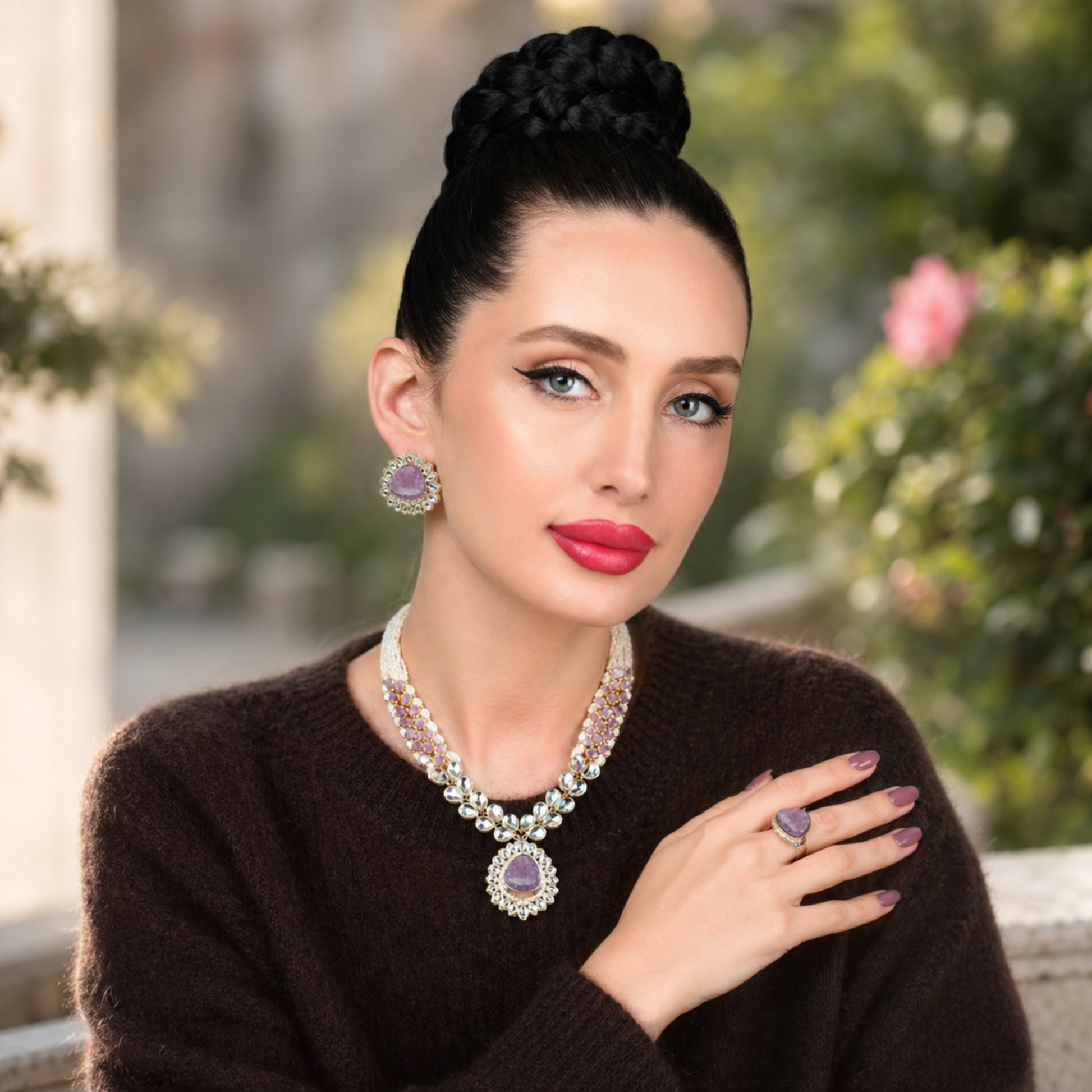 Purple kundan necklace set styled with dark knit outfit