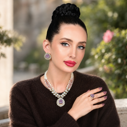 Purple kundan necklace set styled with dark knit outfit