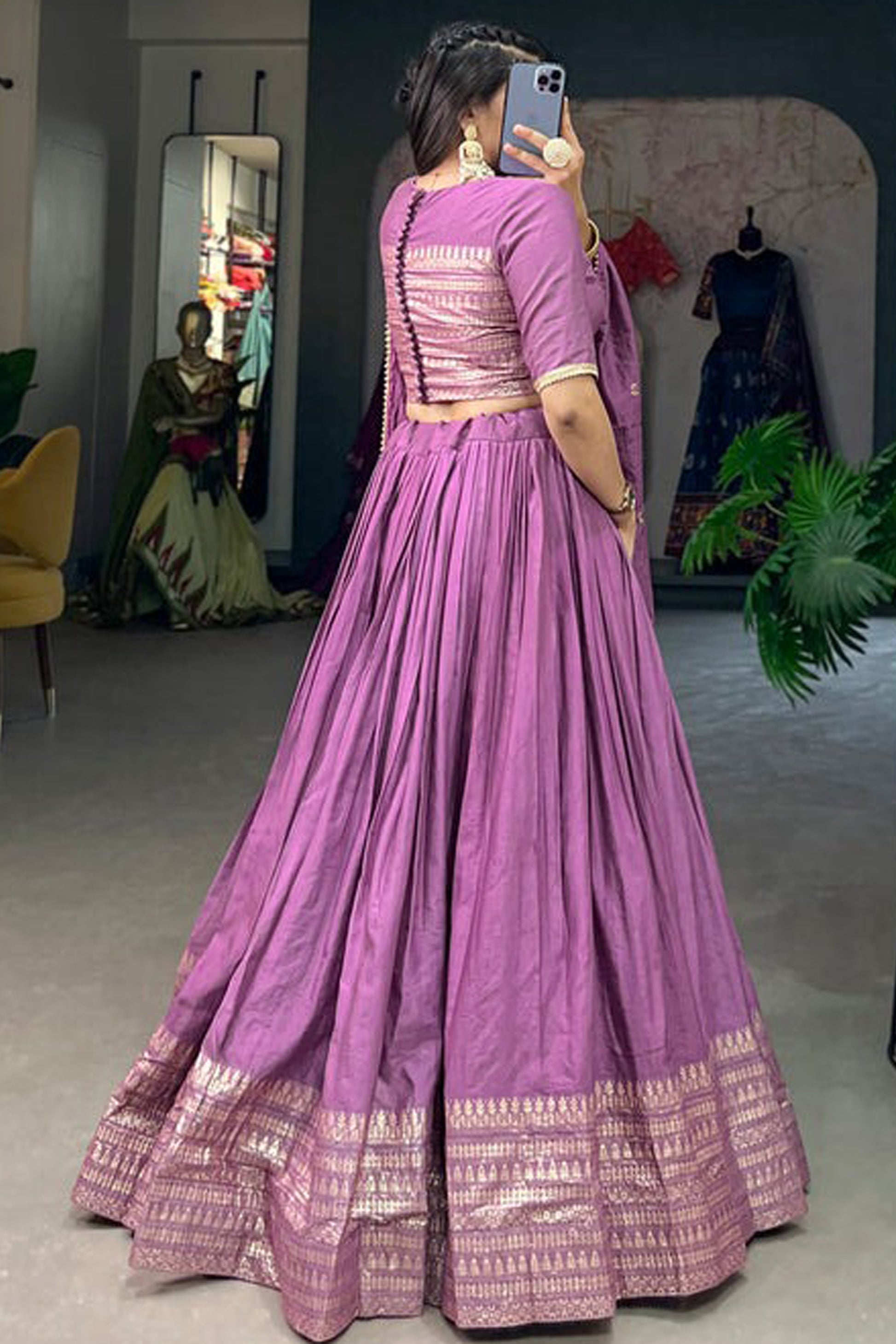Back view of purple lehenga choli design
