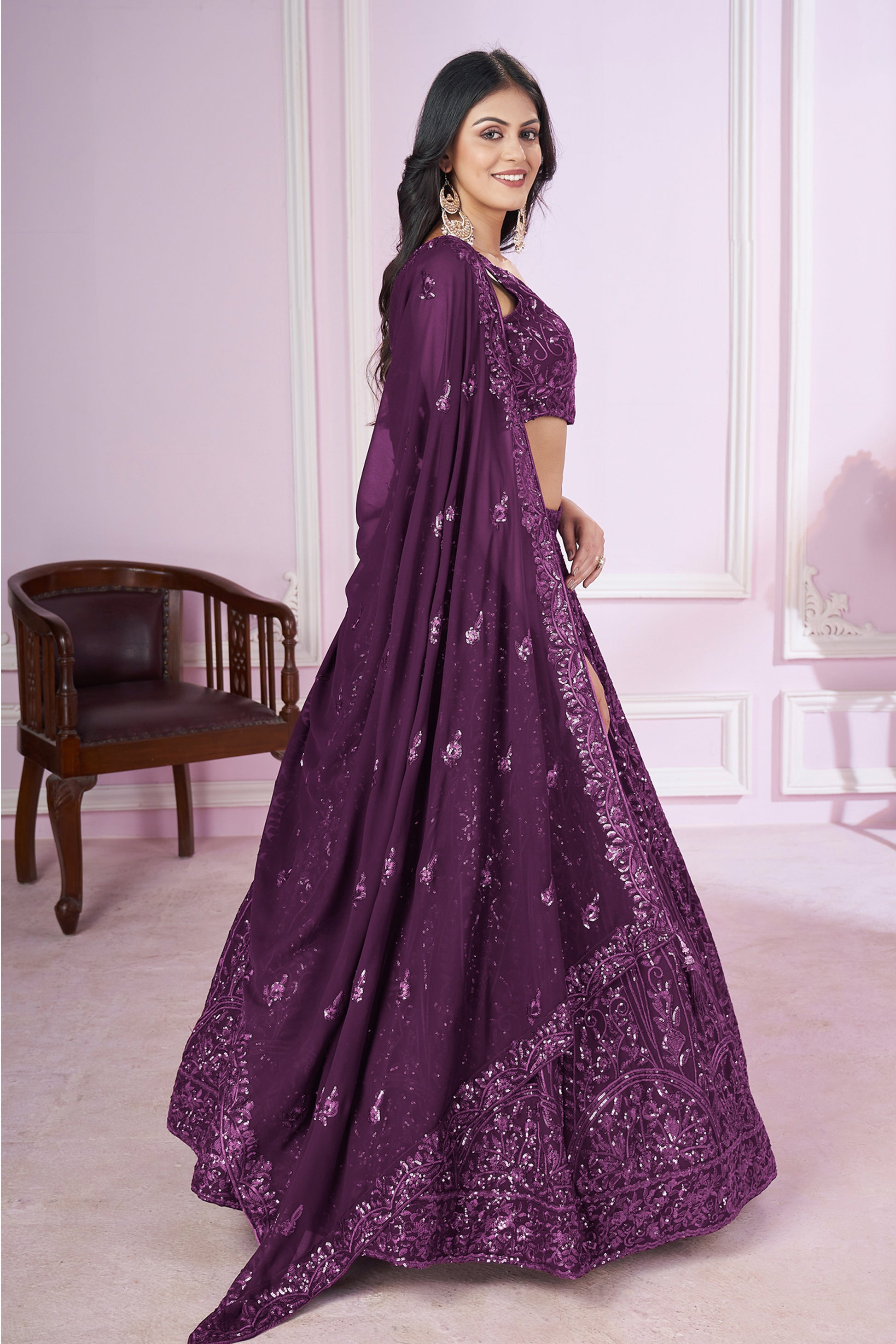 traditional embroidery pattern on georgette lehenga