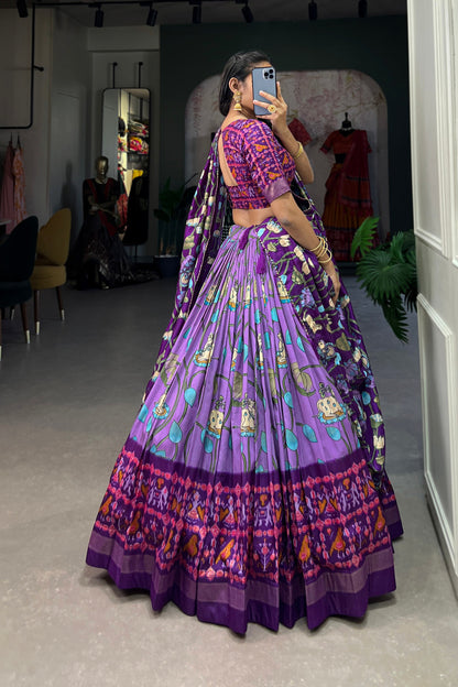 back view of purple lehenga choli with coordinated blouse