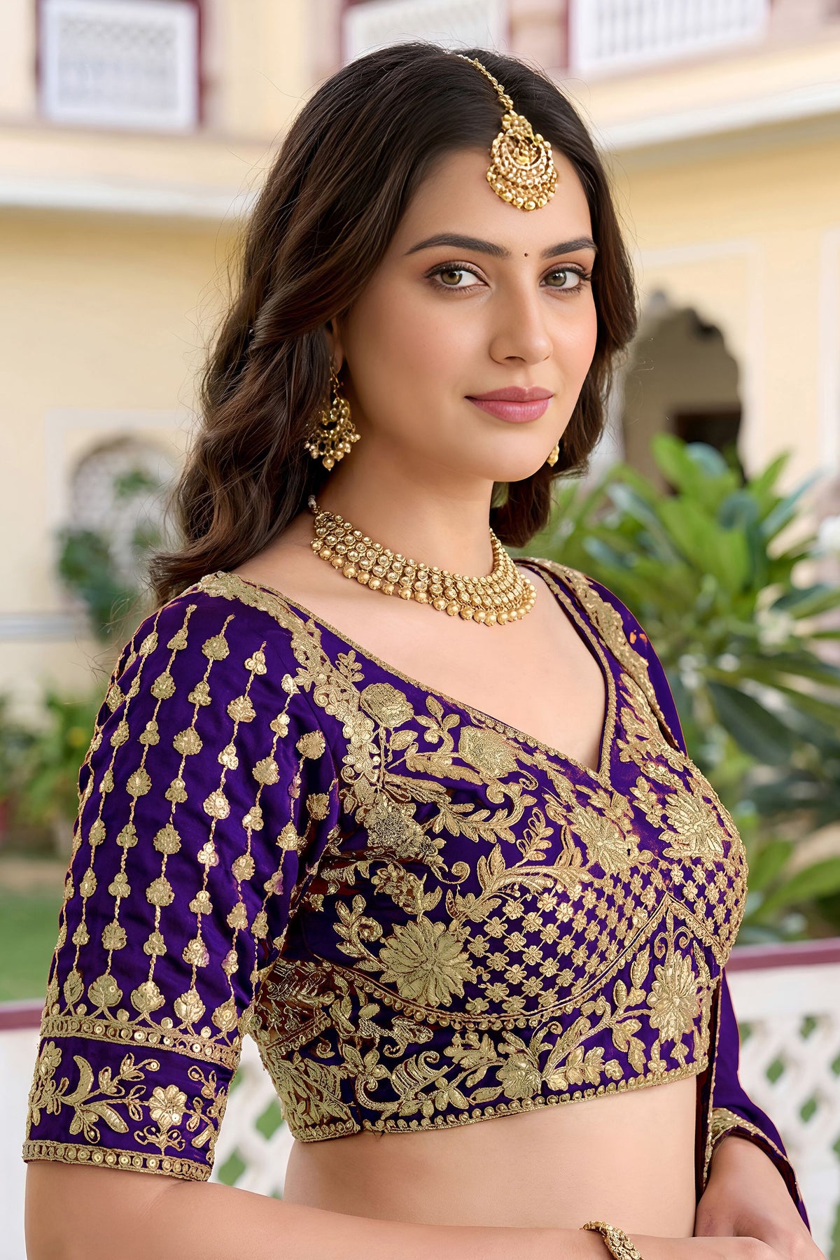 Rangoli silk lehenga choli in purple, full front view