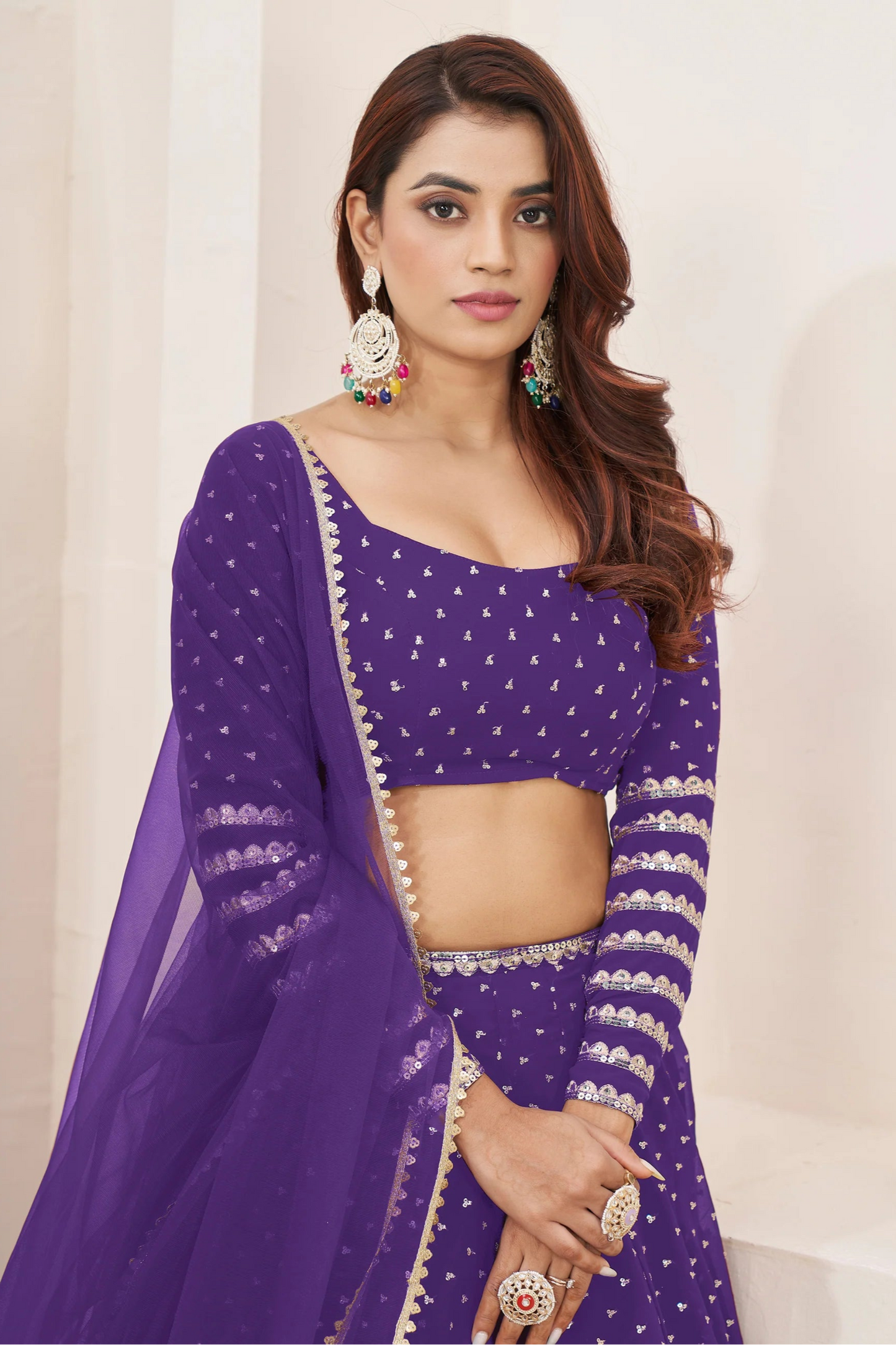 Georgette lehenga choli with thread and zari work close-up