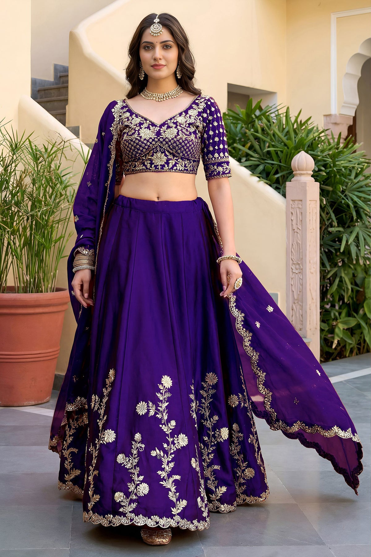 Purple lehenga choli styled for wedding function