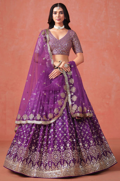 Purple lehenga choli full front view with embroidered details