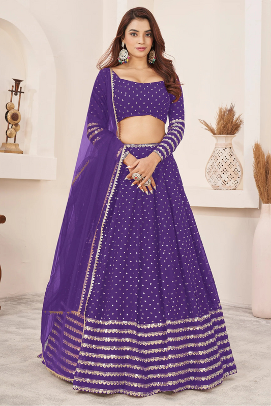 Purple lehenga choli front view with sequins embroidery