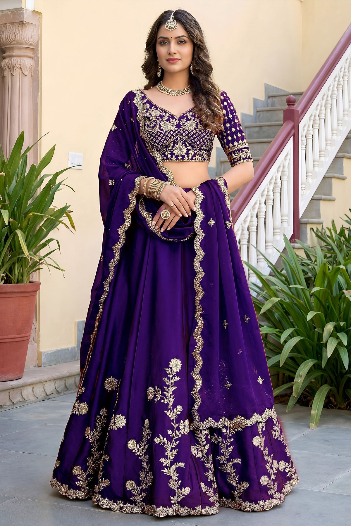 Purple lehenga choli front view with embroidery detail