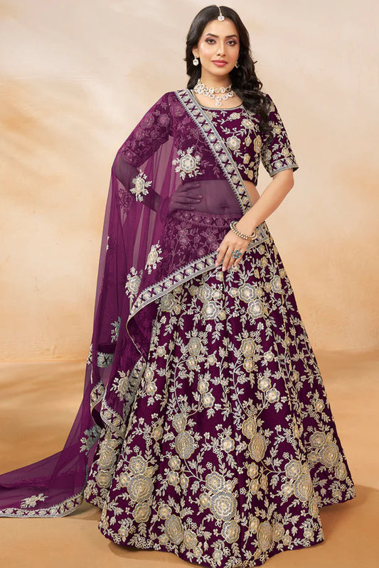 Purple lehenga choli front view with silk drape