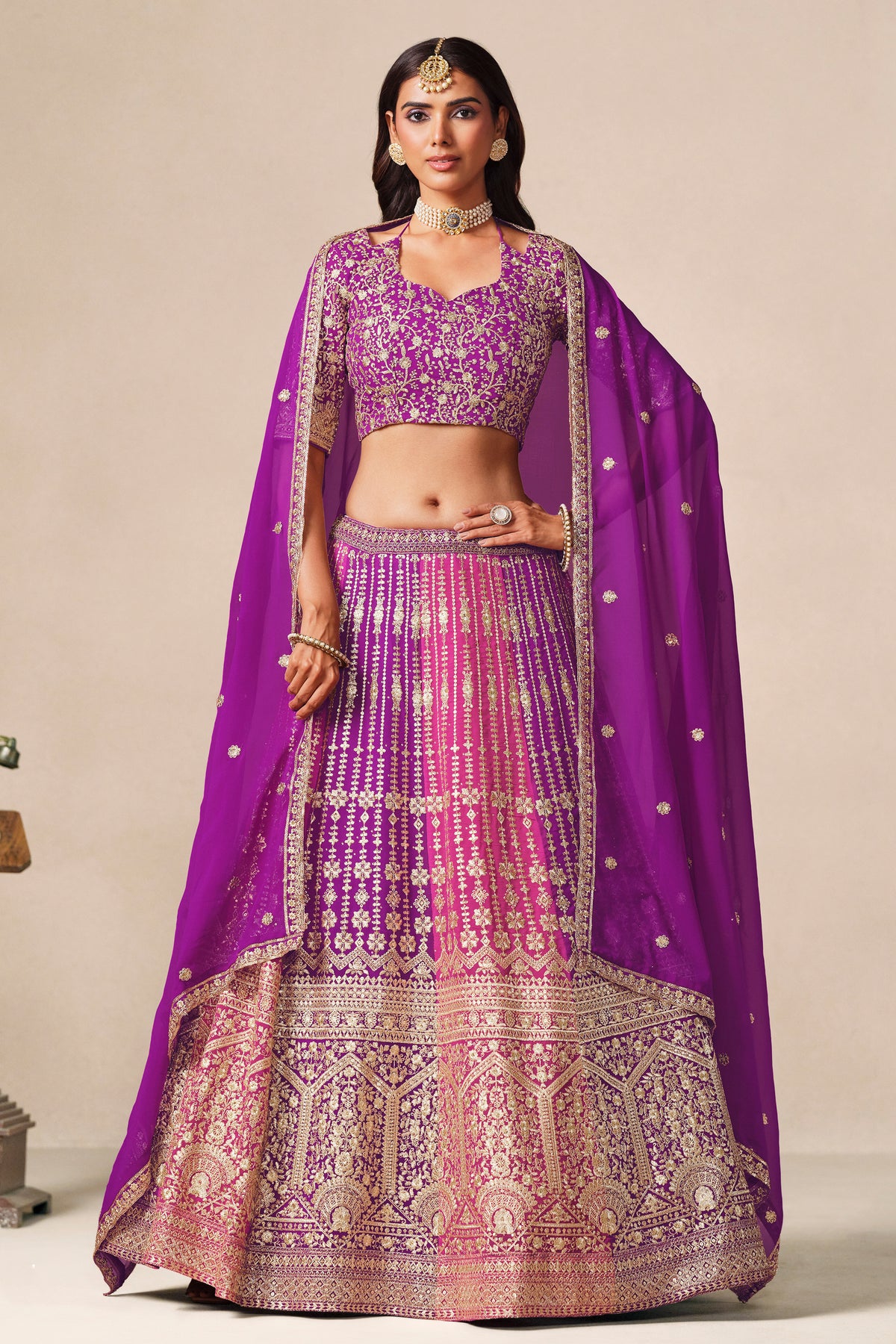 Purple lehenga choli with blouse and matching dupatta