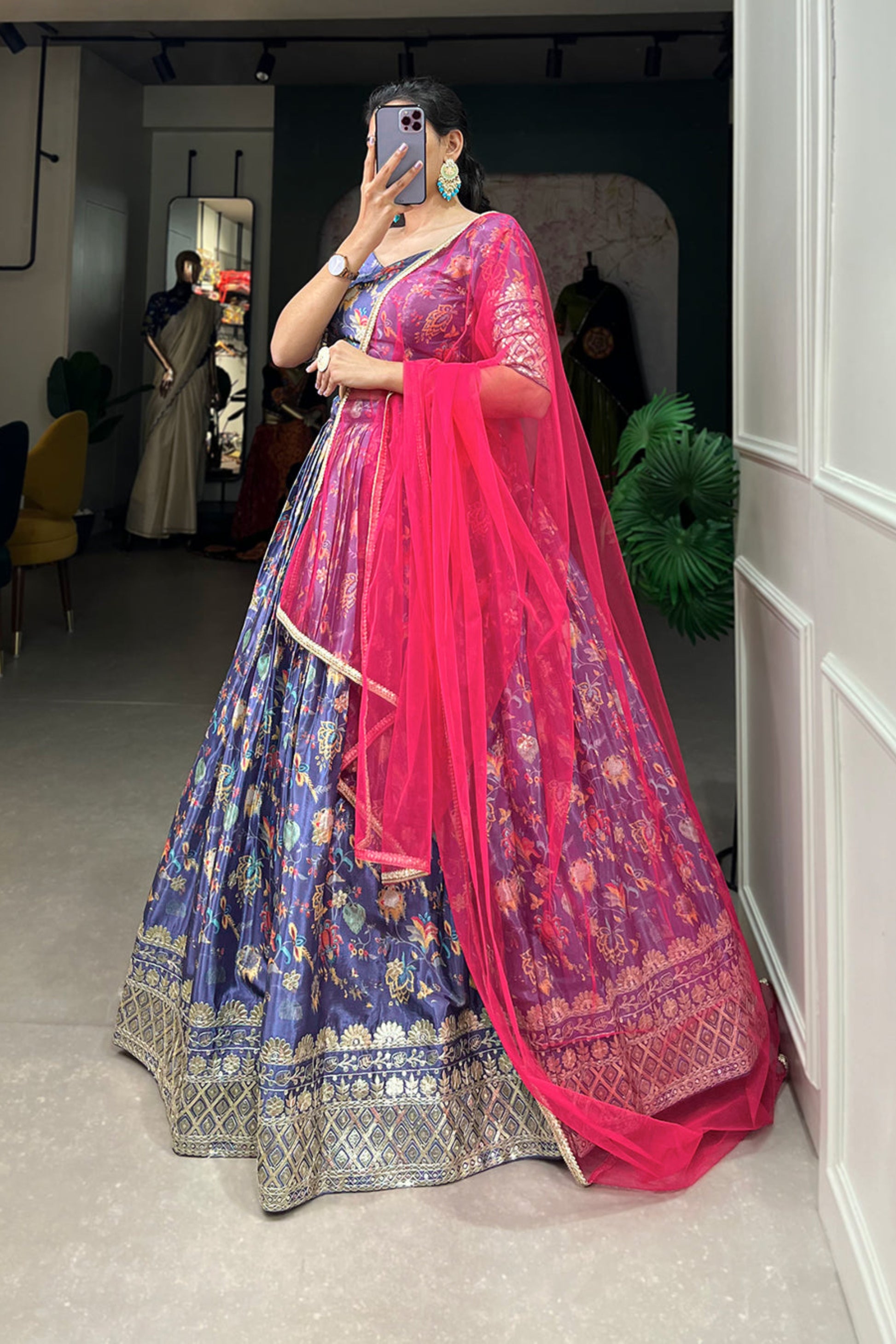 side angle of purple indian outfit with flowy drape
