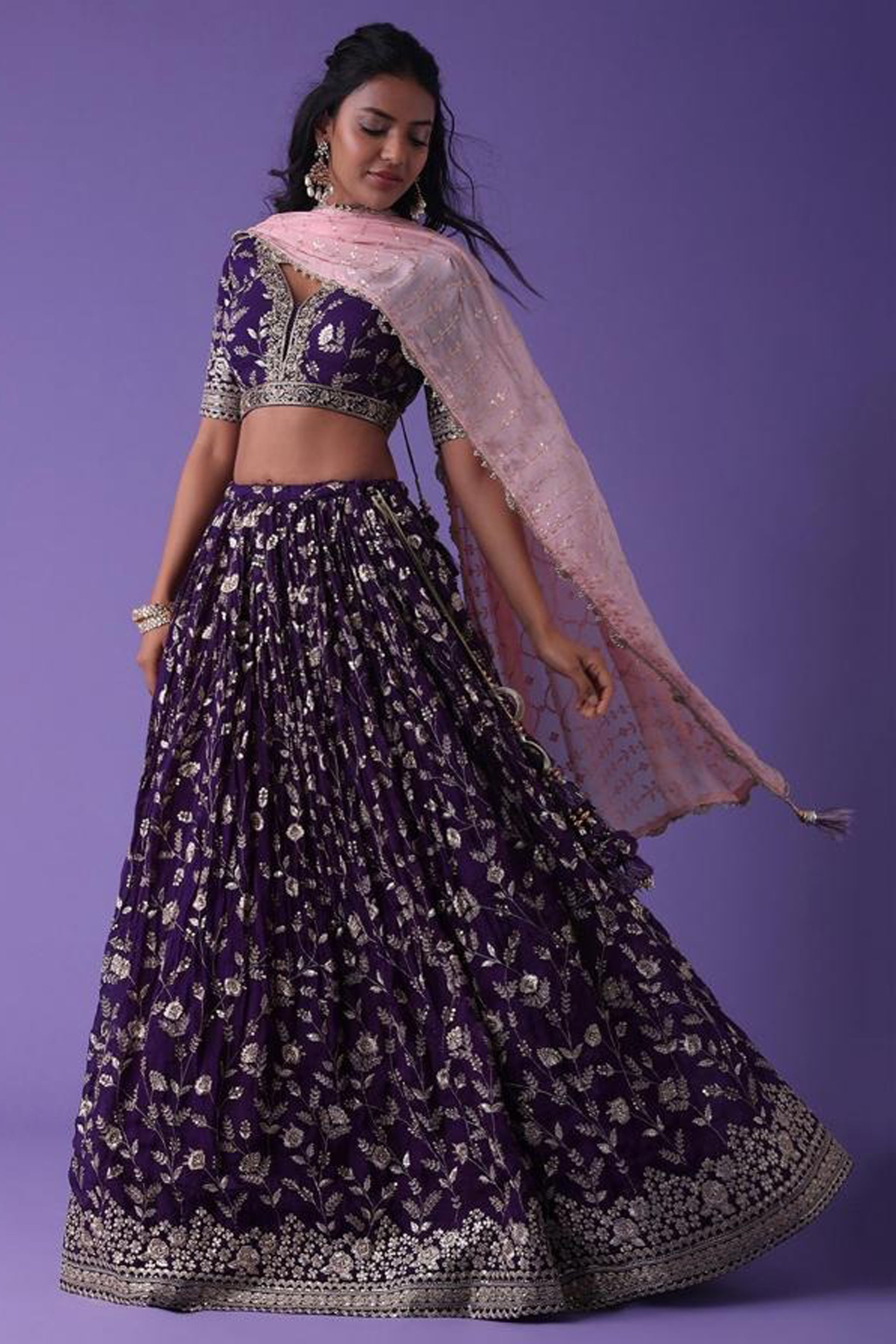 Lehenga choli texture with dori embroidery and sequins highlights