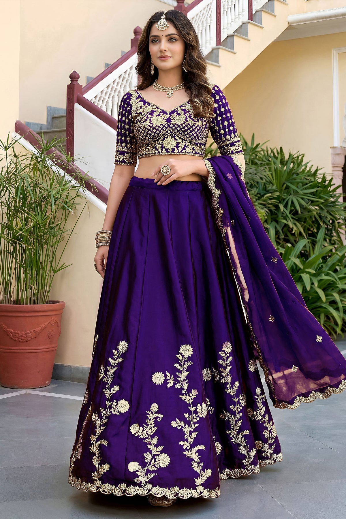Dori embroidery detail on purple lehenga blouse