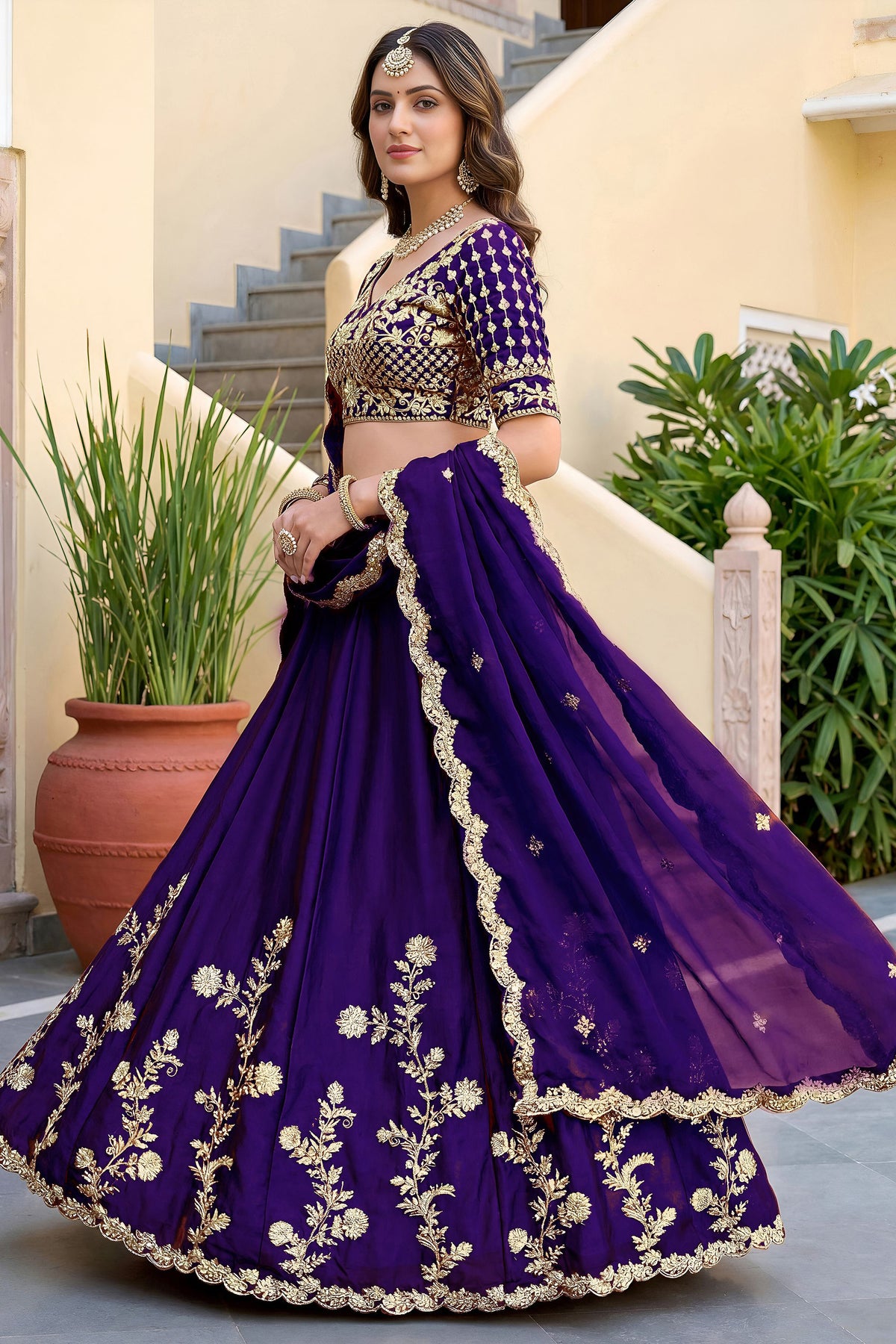 Purple lehenga choli hem detail with zari work