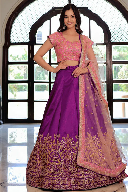Royal purple satin and georgette festive outfit