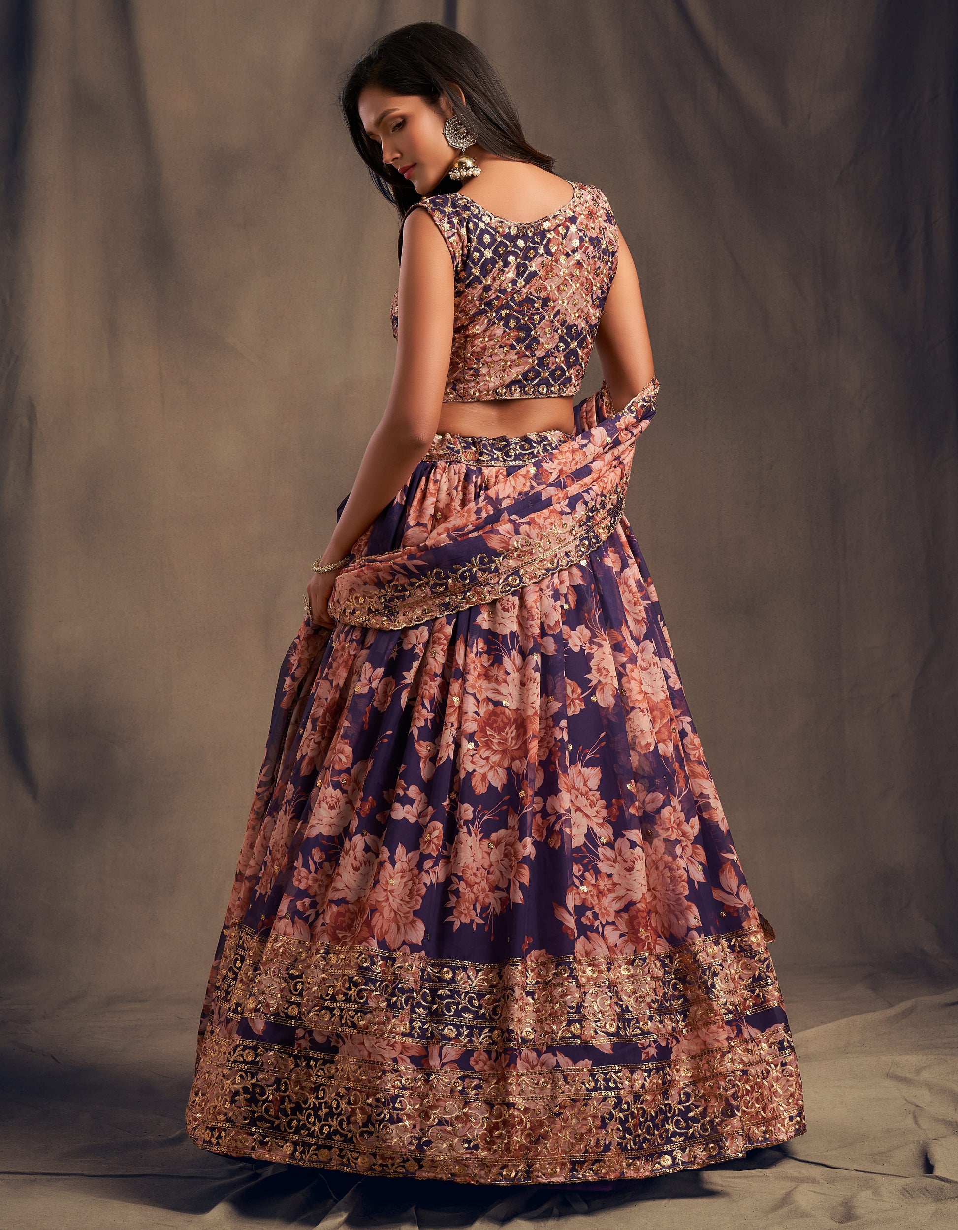 Organza lehenga choli fabric texture with digital print detail