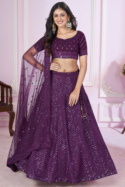Purple lehenga choli full front view with embroidery