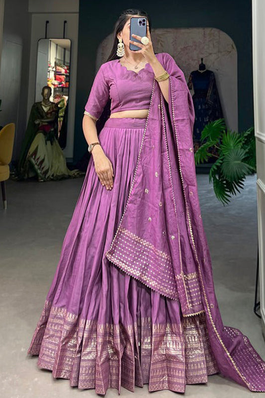 Purple lehenga front view with zari weaving work