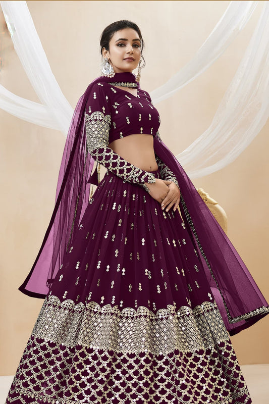 purple lehenga front view with sequins embroidery
