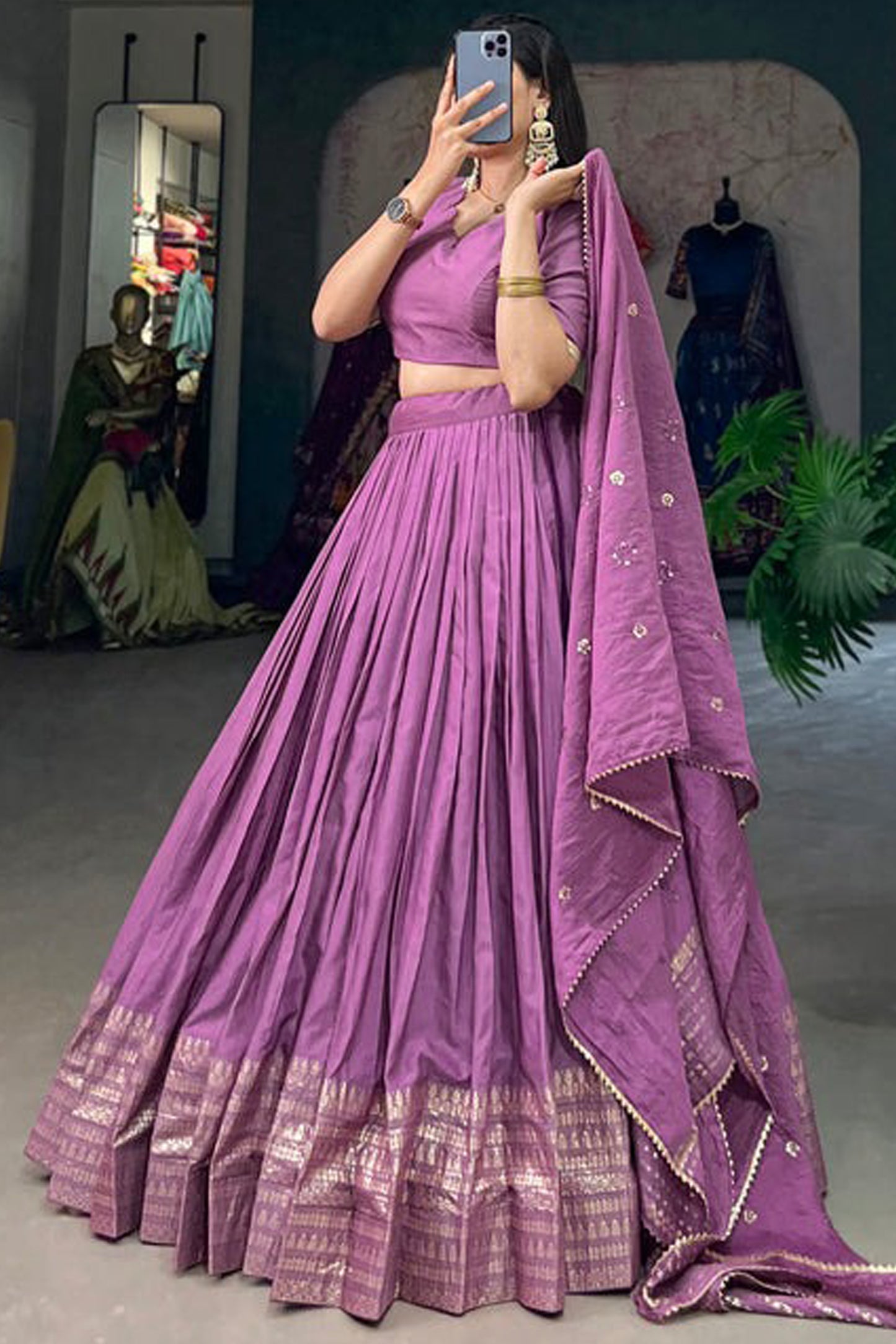 Side angle of designer purple lehenga set