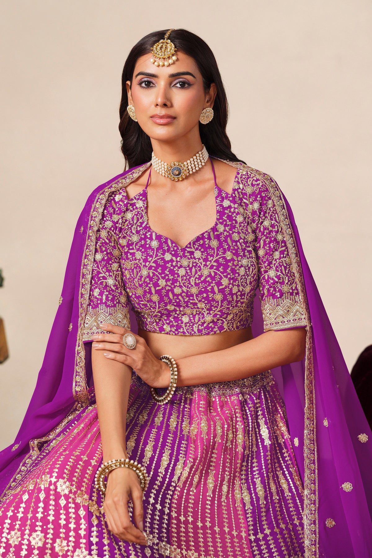 Purple lehenga choli with blouse and matching dupatta