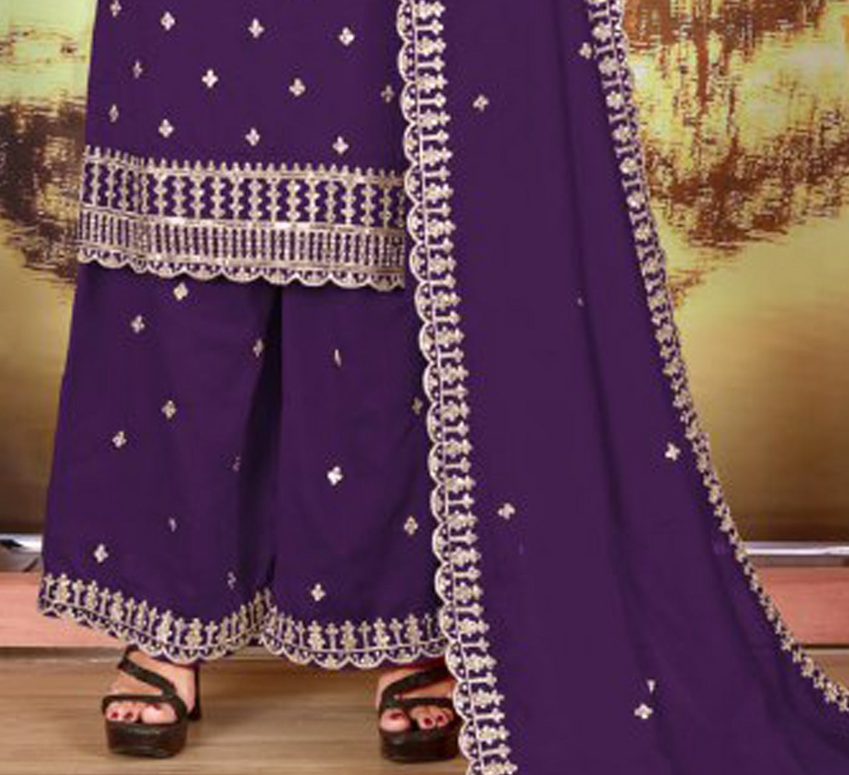 Purple palazzo bottom with matching Fancy Blooming Vichitra dupatta