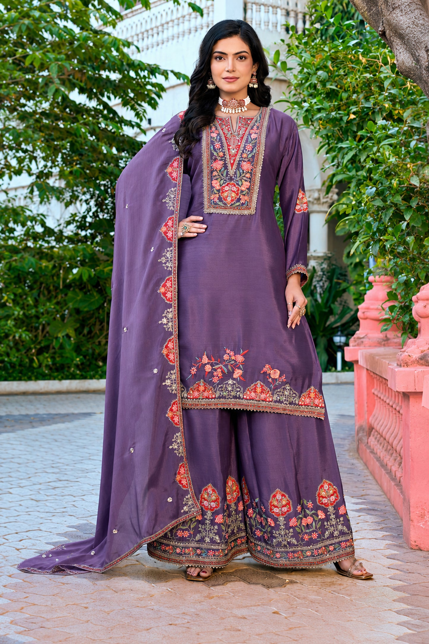Purple Palozzo Pants with coding dori sequence work