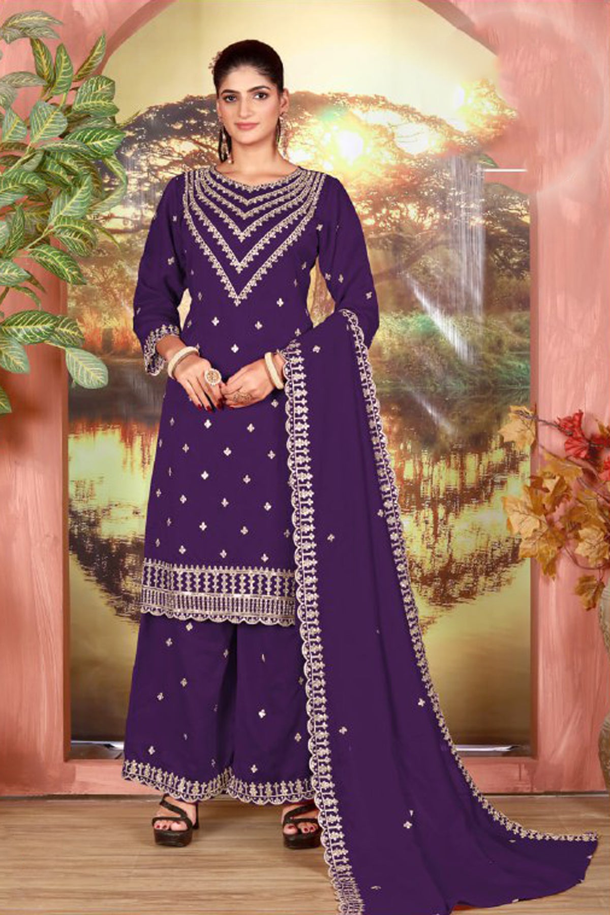 Purple salwar kameez palazzo set front view with embroidered top and dupatta