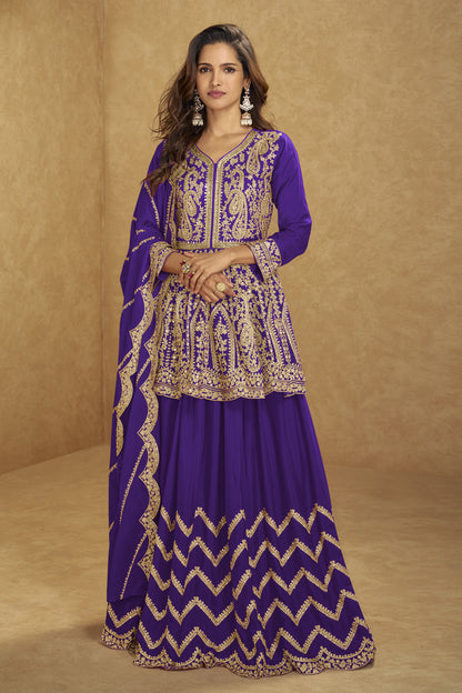 Purple Plazzo Suit front view with embroidered top and matching dupatta