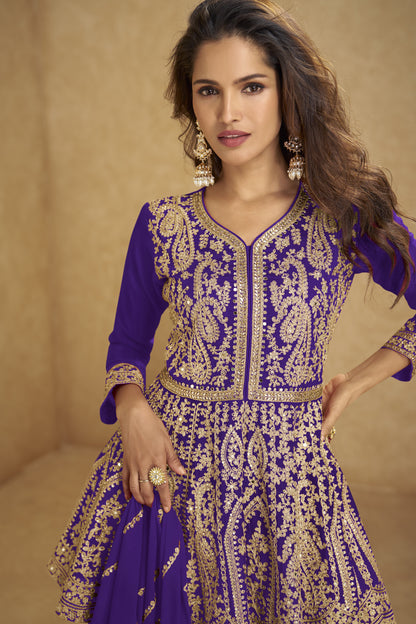 Purple Plazzo Suit with Khatli and mirror work detail