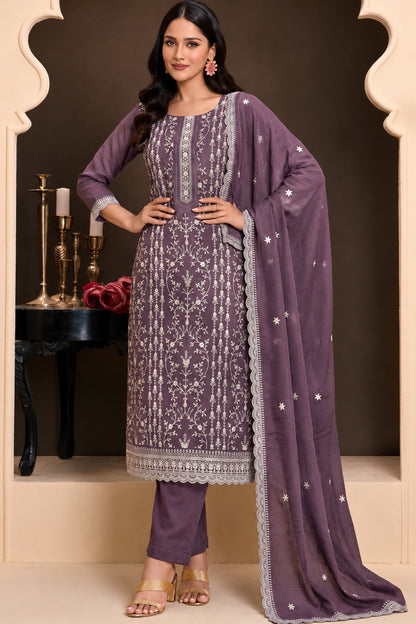 Royal Purple Salwar Kameez with thread sequin embroidery work in ready to wear silk styling
