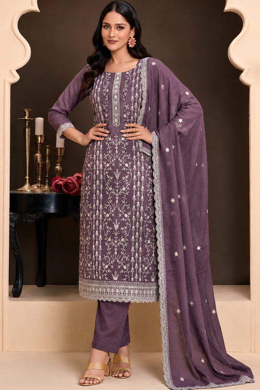 Royal Purple Salwar Kameez with thread sequin embroidery work in ready to wear silk styling
