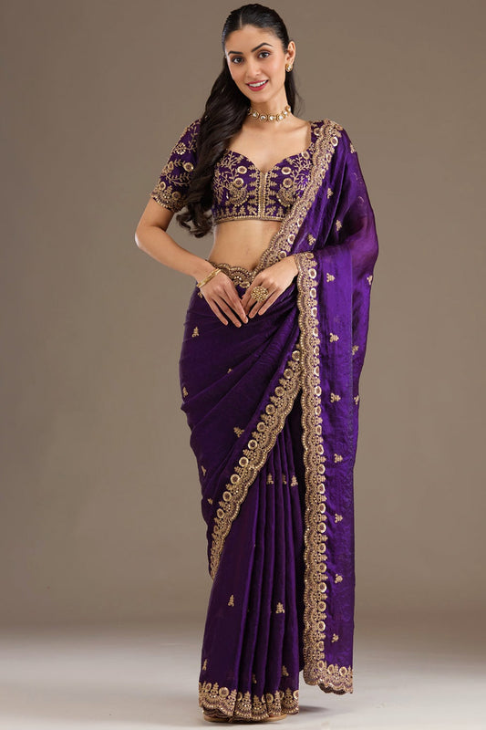 Royal purple silk saree with heavy zari and embroidery