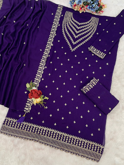 Purple palazzo suit full view with embroidered salwar kameez top