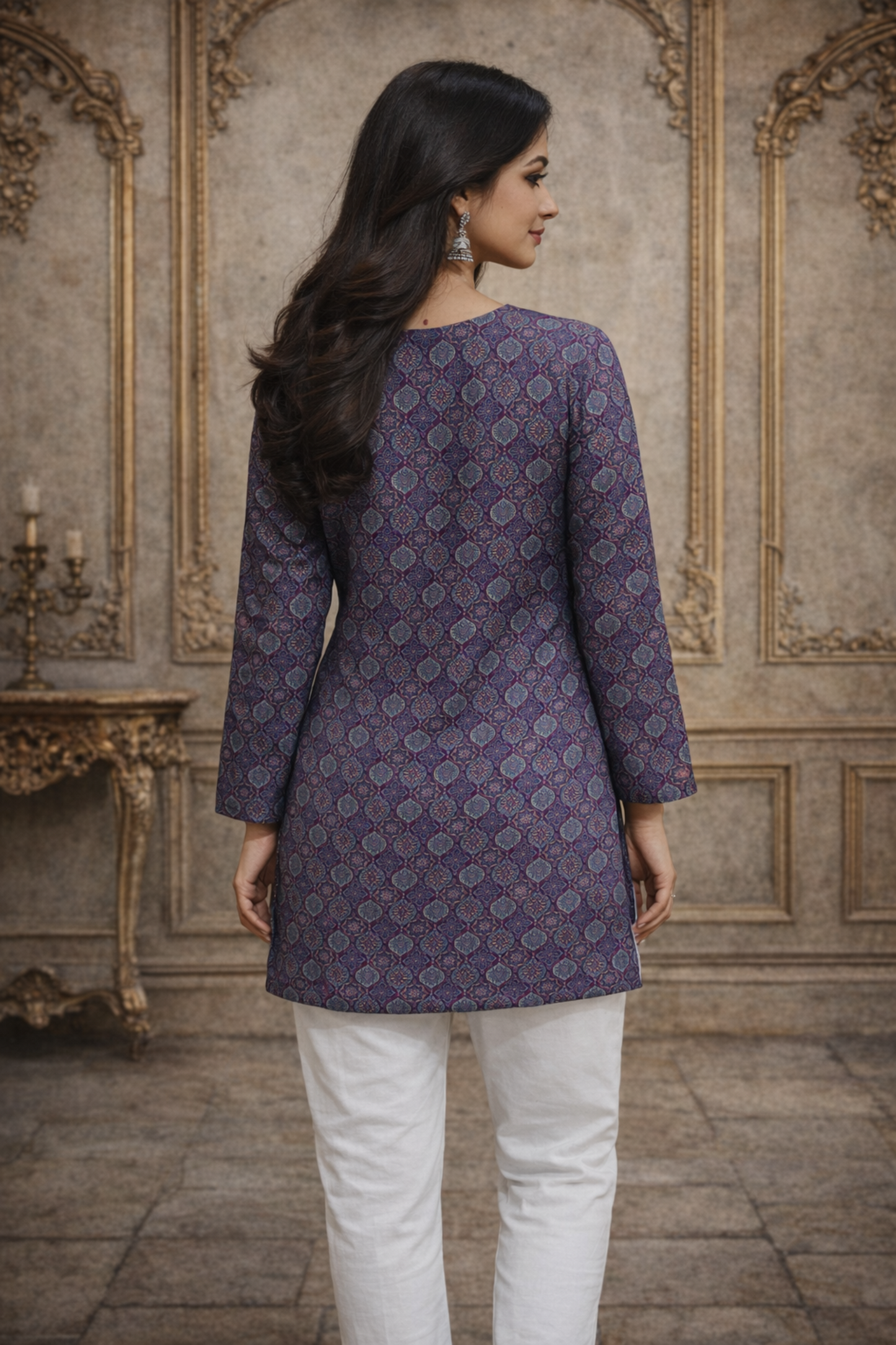 Back view of women tunic top with print pattern