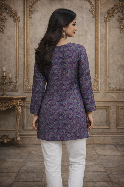 Back view of women tunic top with print pattern